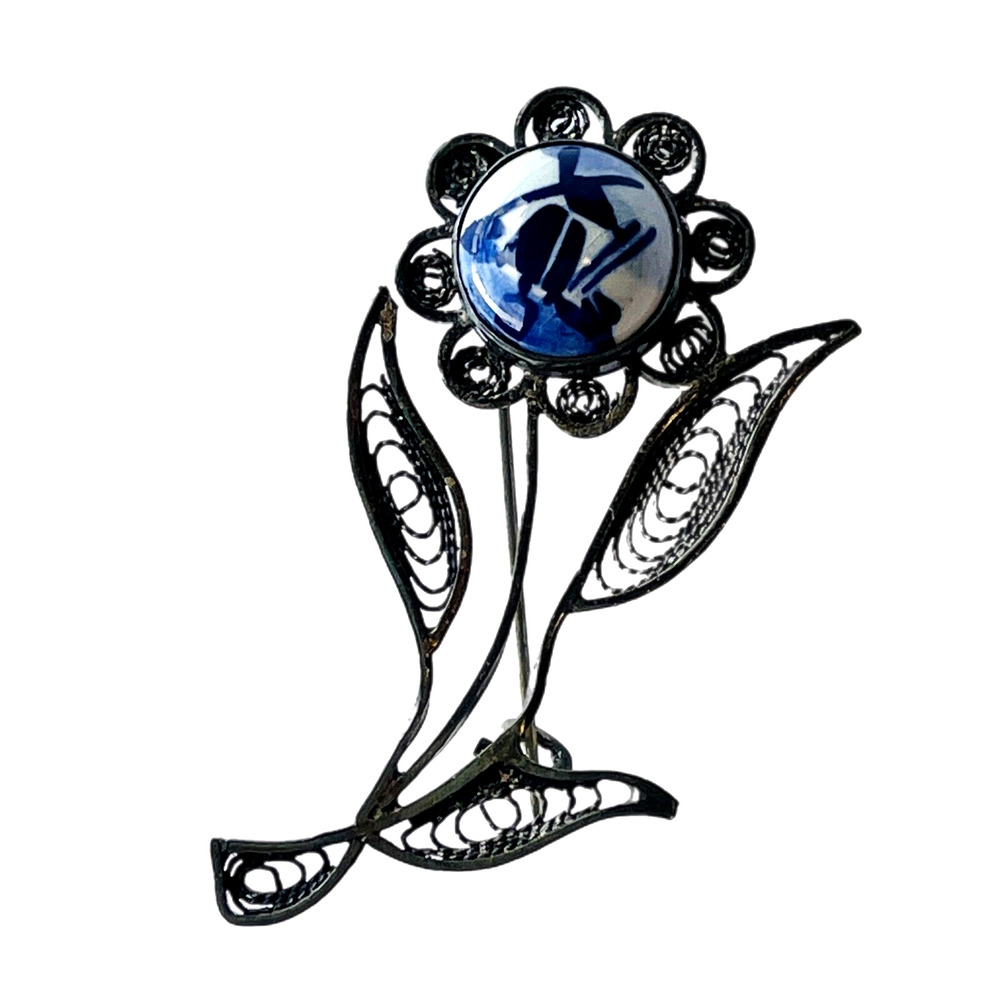 Vtg Blue White Delft Windmill Filigree Flower Brooch Dainty Pin C Clasp Signed - Picture 4 of 12